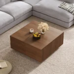 Goldoma Nordic square wooden coffee table with 4 drawers in a modern living room setting