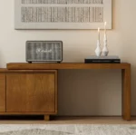 Mid century TV stand in solid oak with extendable top and adjustable shelves