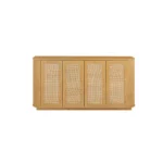 Farmhouse sideboard cabinet with rattan doors and wave-shaped front in a living room setting
