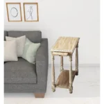 Gray farmhouse end table with shelf in living room