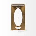 White marble and gold console table with live edge top and geometric metal base