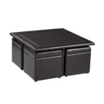 Goldoma coffee table and storage ottoman set with wood-grain veneer tabletop and dark brown faux leather ottomans
