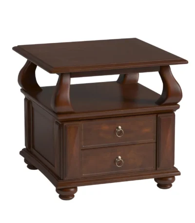 Goldoma 26 inch solid wood square end table with two drawers and shelf in brown finish