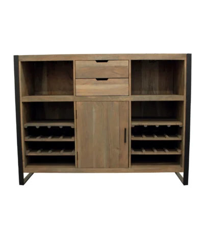 Goldoma 55-inch solid wood console table with gray top and black metal sled base in a modern living room