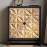 Goldoma 3D geometric carved double-door cabinet in black and natural wood finish, a modern storage sideboard for living room