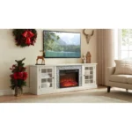 Goldoma 70 inch modern TV stand with electric fireplace and storage cabinet in warm oak black finish