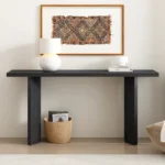 Goldoma modern console table with pine veneer and geometric legs in gray and black finish