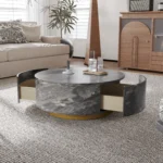Modern round coffee table with drawer featuring marble pattern finish and solid wood legs - Goldoma
