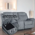 Goldoma velvet reclining loveseat with tufted back and storage armrests in a modern living room