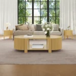 Goldoma oval fluted coffee table with storage in rubber solid wood, featuring a lower shelf and open storage doors, perfect for modern living rooms