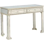 Goldoma Regal Feel Mirror Console Table in champagne with beveled mirror drawers and curved metal legs placed in a living room