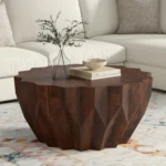Goldoma solid mango wood coffee table in walnut finish on living room floor