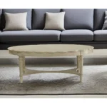 Antiqued white oval coffee table - 50-inch solid wood distressed finish coffee table with scalloped edge