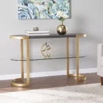 Goldoma 49 inch gray and gold oval console table with solid wood top and storage shelf in a living room