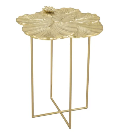 Goldoma gold end table with lotus leaf design and cross leg base in living room