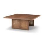 Double pedestal coffee table with brown solid wood top and natural wicker rattan base, square shape 42 inches, modern tropical design for living room
