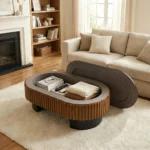 Modern hidden storage coffee table with solid wood veneer in elliptical shape, featuring a removable top for storage access