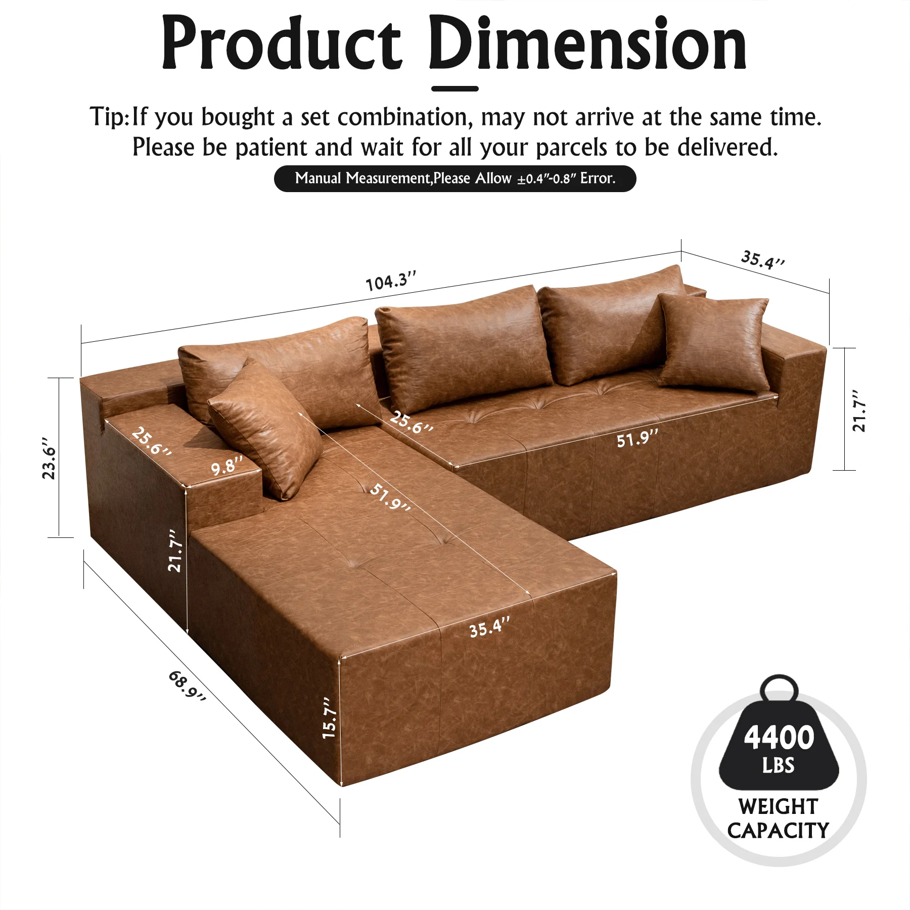 Goldoma Leather Fabric L-Shaped Sectional Sofa, Modern Reclining Couch with Adjustable Headrests