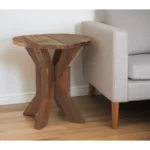 Rustic end table 26 inch reclaimed wood with distressed brown finish and X-style pedestal base in living room