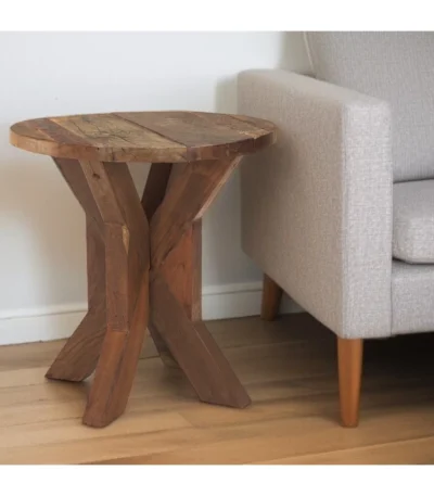Rustic end table 26 inch reclaimed wood with distressed brown finish and X-style pedestal base in living room