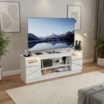 Goldoma Modern LED TV Stand with white marble pattern and storage, featuring built-in lighting and ample shelving for a stylish living room