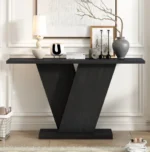 Modern solid wood console table with V-base and storage shelf in a living room