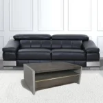 Goldoma 47-inch brown solid wood and dark gray concrete coffee table with drawer and shelf in a modern living room