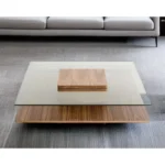 Goldoma glass and wood coffee table with shelf in living room