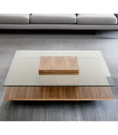 Goldoma glass and wood coffee table with shelf in living room