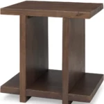 Antique brown solid wood sled end table with shelf by Goldoma, perfect for living room or bedroom