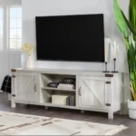 Goldoma Stone Grey Barn Door TV Stand 70 inch for TVs up to 80 inches with sliding doors and cable management