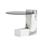 Goldoma modern round coffee table with white MDF base and clear glass top in a living room setting