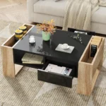 Goldoma high gloss coffee table with drawers and hidden compartment in black and wood grain finish for modern living room