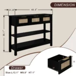 Farmhouse console table with 3 drawers and rattan shelves in entryway