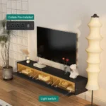 Goldoma floating floor mount TV stand with LED lights and power outlet for 65-inch TVs in high-gloss black finish