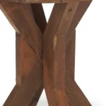 Rustic end table 26 inch reclaimed wood with distressed brown finish and X-style pedestal base in living room