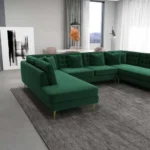 Goldoma U-shaped modular sofa set in green velvet with reclining seats in a modern living room