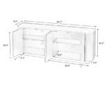 Modern TV stand with wave pattern design and adjustable shelves for TVs up to 64 inches, shown in natural wood finish