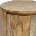 Goldoma solid wood drum end table with two drawers in natural finish, 24-inch height, placed next to a sofa