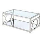 Modern coffee table with tempered glass top and steel frame in a living room