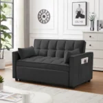 Goldoma convertible futon sofa bed in black velour with pullout bed and storage pockets