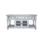 Goldoma 70 inch white solid wood TV stand with open shelving and distressed finish in a living room setting