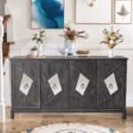 Goldoma 4-Door Intaglio Storage Cabinet in mint green with pine legs – stylish storage cabinet for living room