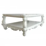 Goldoma antiqued white oak coffee table with shelf in farmhouse living room setting
