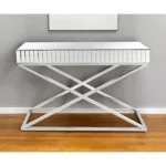 Goldoma 47 inch silver mirrored glass console table with chrome X-base in a modern living room entryway