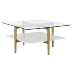 Goldoma 32 inch white and gold glass and steel square coffee table with shelf modern living room furniture