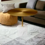 Gold round coffee table with white stone base - compact 17 inch accent table for living room