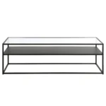 Goldoma 54-inch black glass coffee table with shelf in a modern farmhouse living room setting