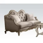 HMS 62 Beige and Brown Linen Chesterfield Loveseat and Toss Pillows 2-Seater French Style Sectional Sofa for Living Room - Image 5