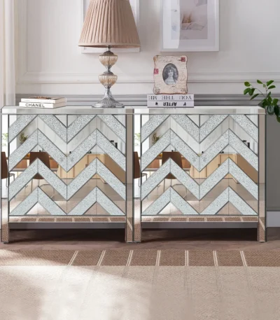 Goldoma modern solid wood sideboard cabinet with mirror trim and adjustable shelves in living room